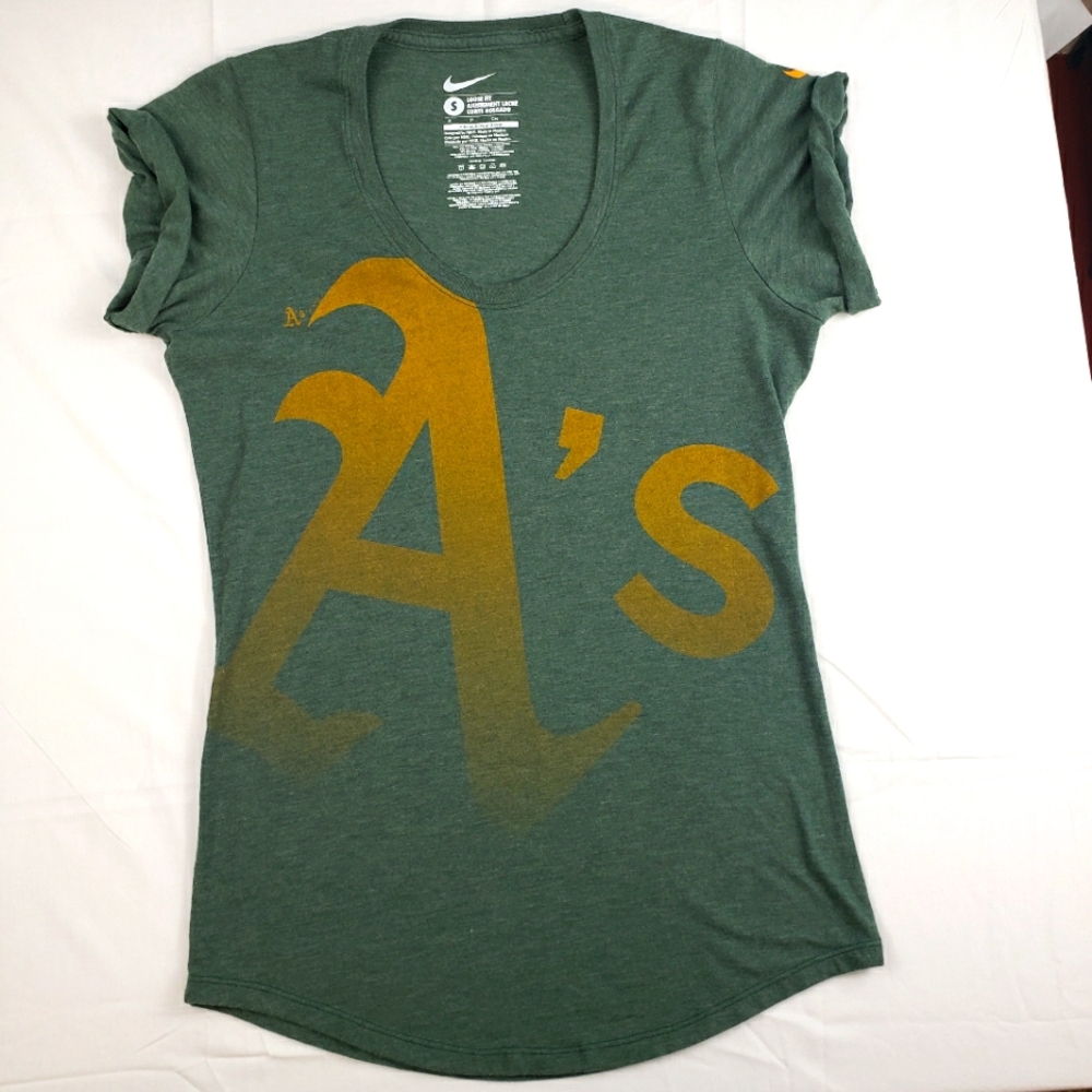 Nike loose fit A's Vneck small green & gold tshirt